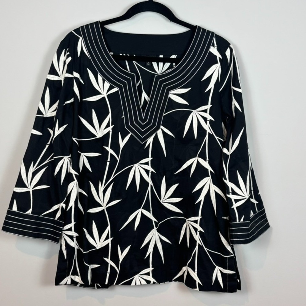 Talbots Black White Embroidered Floral 3/4 Sleeve Blouse‎ Zip Closure Womens 14